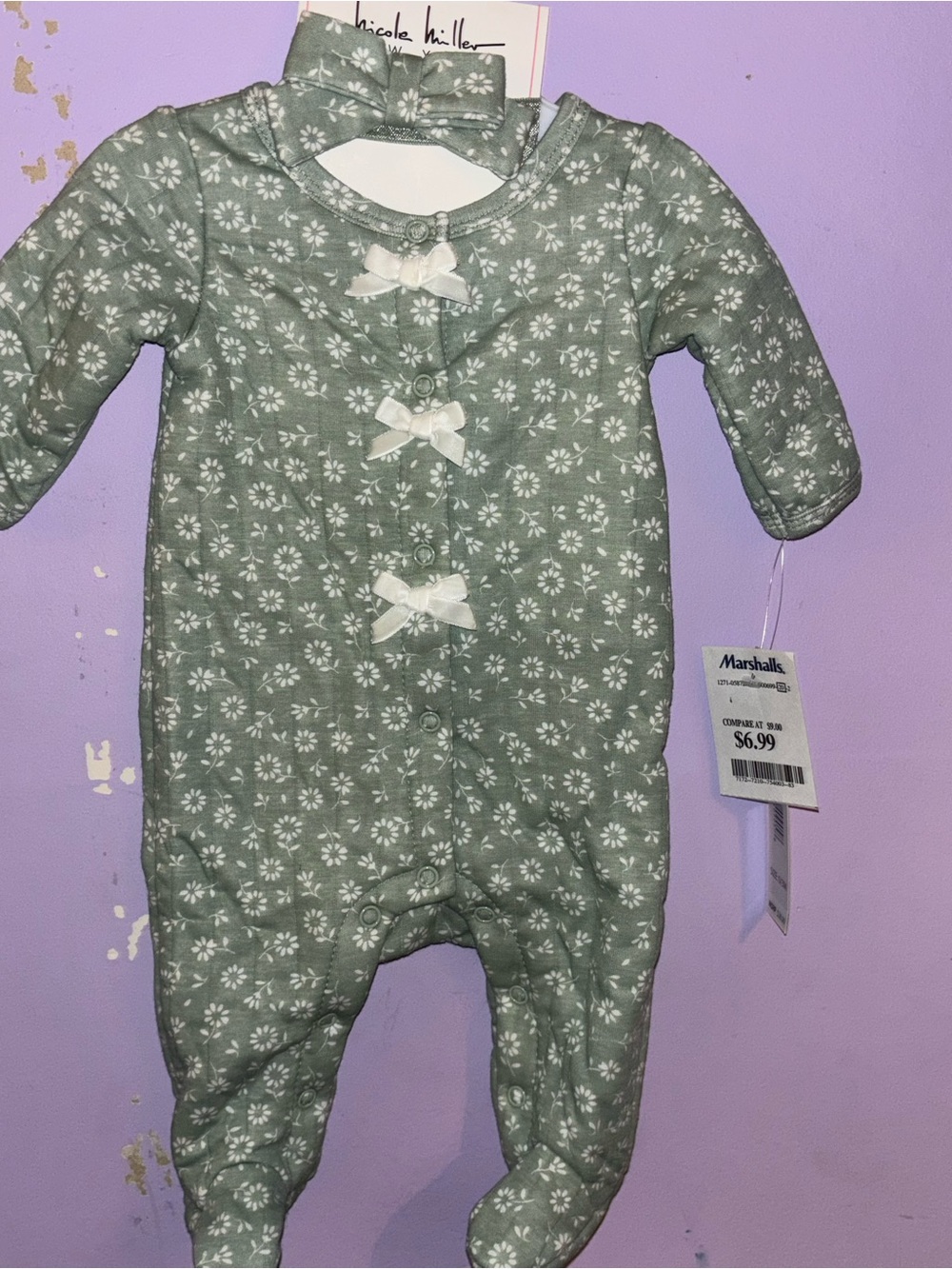 Nicole Miller Sage Green Floral Footie with White Bows